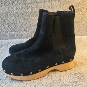 J.Crew Womens Black Suede Leather Clog Boots Gold Studded WOOD BOTTOMS Booties 7